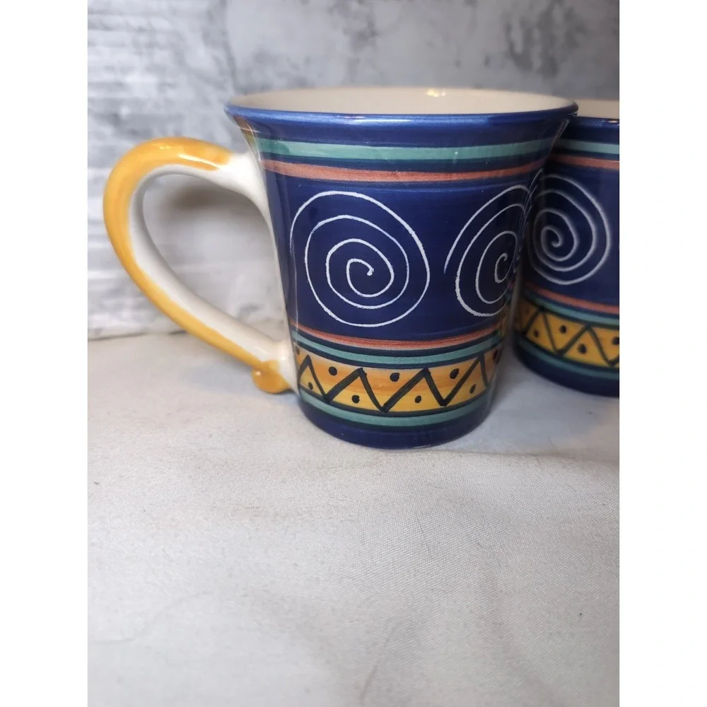 Vintage Y2K Pier 1 Italian Swirl Handpainted Mugs ~ Set of 4 ~ 16oz Earthenware
